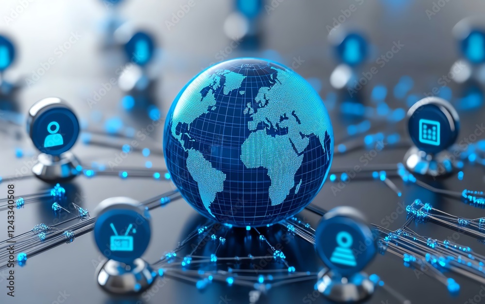 Poster 3D world map globe surrounded by blue user icons and statistics indicators