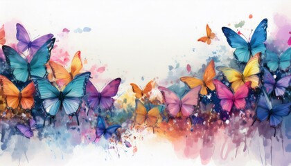 creative seamless border frame of colorful delicate butterflies on white background; concept for cards or backgrounds