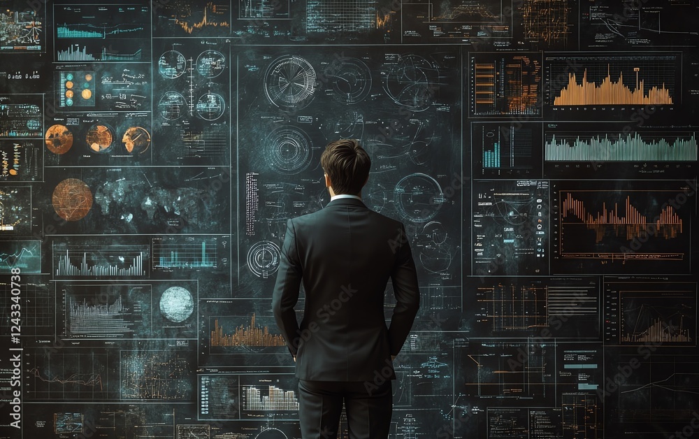 Aufkleber businessperson analyzing graphs and charts on a blackboard
