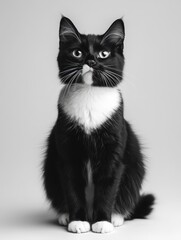 Striking Black and White Cat with Bright Eyes and Fluffy Fur Sitting Elegantly Against a Soft Gray Background in Minimalist Style