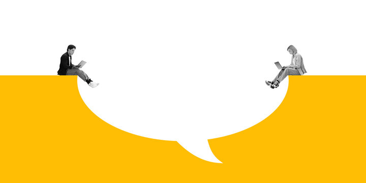 Young man and woman sitting on edge of giant speech bubble and looking on laptop again white yellow background. Digital work, distant cooperation. Concept of online communication, networking - Powered by Adobe