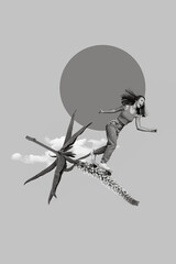 Vertical creative photo collage illustration of attractive beautiful woman skating on flower in sky isolated on grey color background