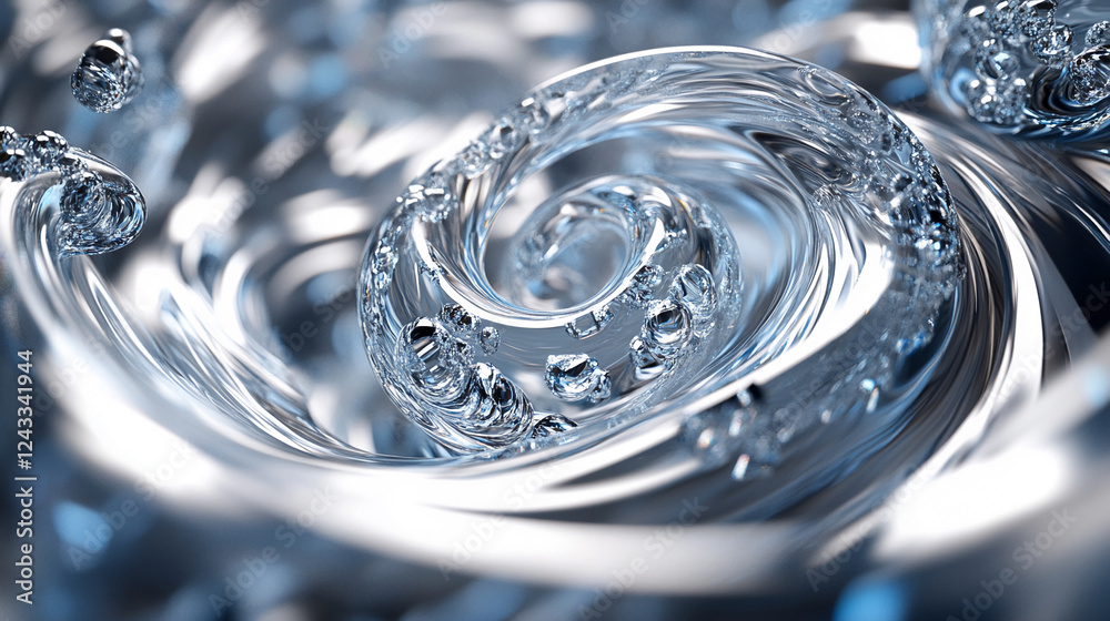 Poster close-up of swirling clear water with bubbles, creating a dynamic spiral effect that symbolizes flui