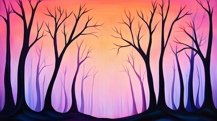 Abstract forest at sunrise, vibrant colors, tranquil scene