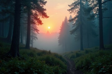 A forest landscape at dawn with mist rising from the ground, foggy environment, overgrown vegetation