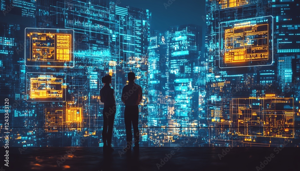 Aufkleber engineers in a futuristic smart city, overseeing complex data systems on floating digital screens, i