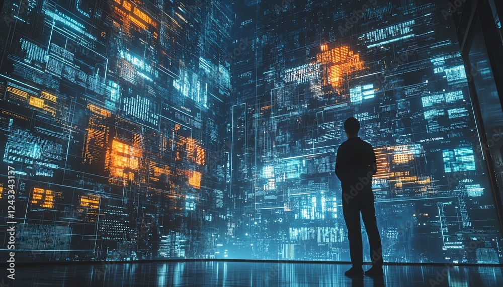 Aufkleber engineers in a futuristic smart city, overseeing complex data systems on floating digital screens, i