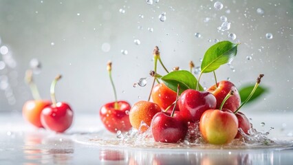 Juicy Red Cherries Splashing in Refreshing Water Droplets, a Vibrant Summer Fruit Scene
