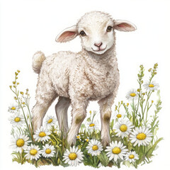 Fototapeta premium Cute lamb surrounded by daisy flowers expressing joy and peace