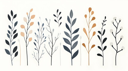 Naklejka premium Abstract plant elements collection, diverse shapes and colors, creative design resources, various stems and leaves, for graphic design projects