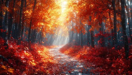 Autumn Path Through a Vibrant Red Forest