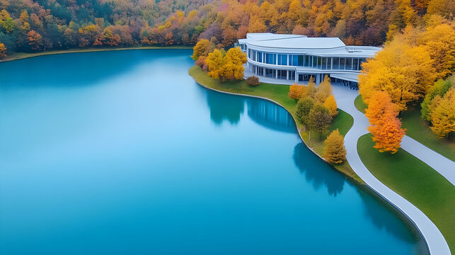 Aerial view of modern building by lake with autumn trees. Possible use Stock photo for travel brochures, real estate ads