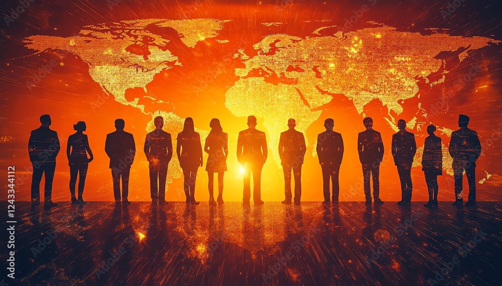 Aufkleber Multinational business team working on global communication strategy, digital data and networks flowing between them, human resources and management concept, mixed media, 8K