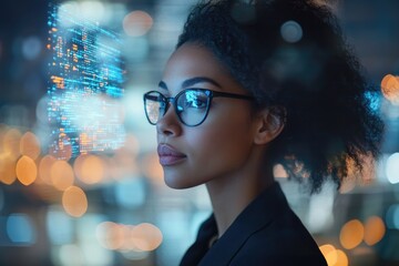 A woman with glasses contemplates lines of code projected in front of her against a city backdrop at night.