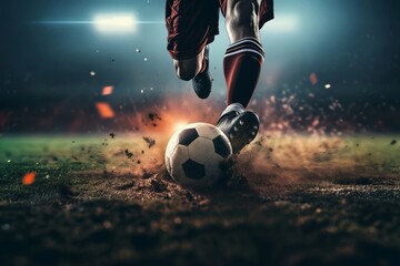 A soccer player dribbling and kicking a ball on a field