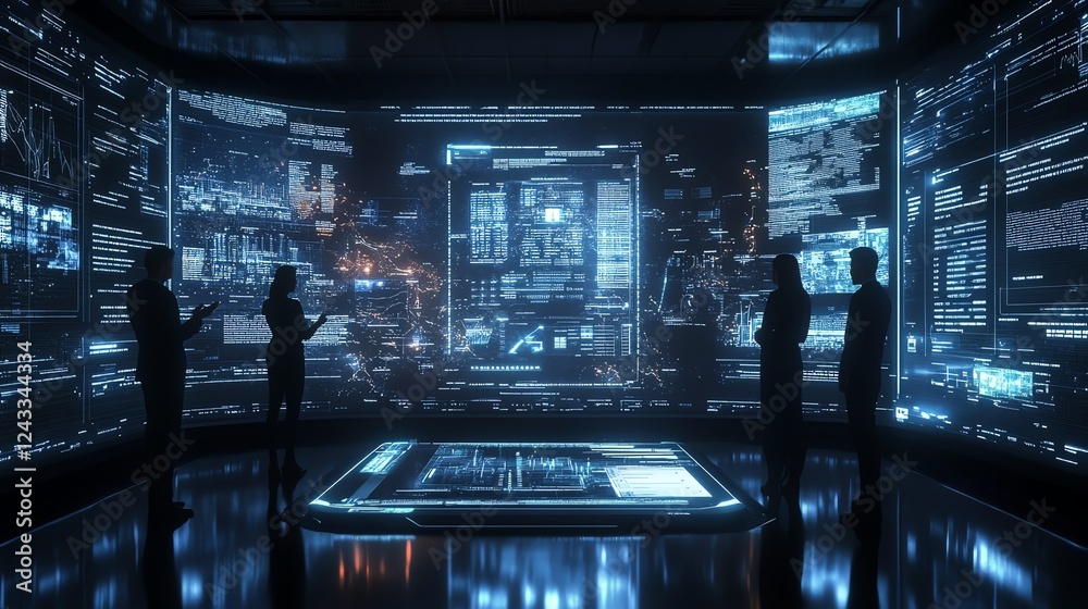 Leinwandbilder Office team using digital documents and cloudbased tools for strategic management planning, futuristic workspace with hightech virtual interfaces, ultrarealistic, 16K