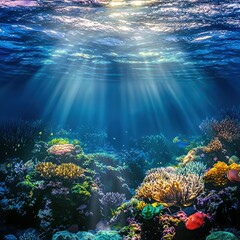 Obraz premium Vibrant Coral Reef Underwater Scene with Sunlight Rays