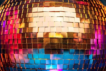 A disco ball is suspended from the ceiling at party, reflecting the lights