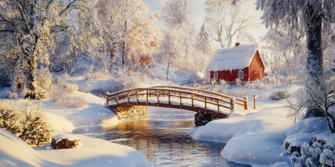 Winter Wonderland Scene With Wooden Bridge And Red Cabin