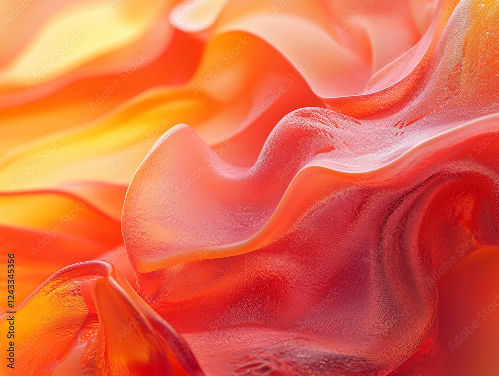 Poster Close-up image of smooth, translucent red and orange fabric-like curves and folds with soft lighting, showcasing fluidity and movement, representing energy and warmth.