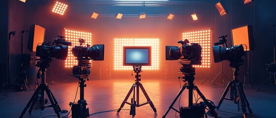 A hightech filming studio with advanced cameras and lighting equipment, digital video content production in progress, sleek design, ultrarealistic, cinematic lighting, 8K