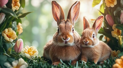 Obraz premium Cute bunnies in spring garden archway