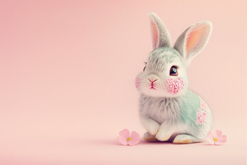 Obraz premium A cute bunny, adorned with pink flowers, sits against a soft pink flat background, with ample blank space, making it perfect for Women's Day, Mother's Day, or a gift card.