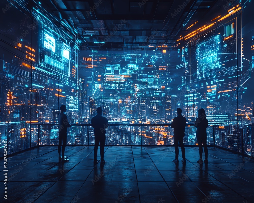 Aufkleber A team of system engineers working in a smart city, advanced AI interfaces and digital systems projected in the air, futuristic urban environment, hyperdetailed, 16K