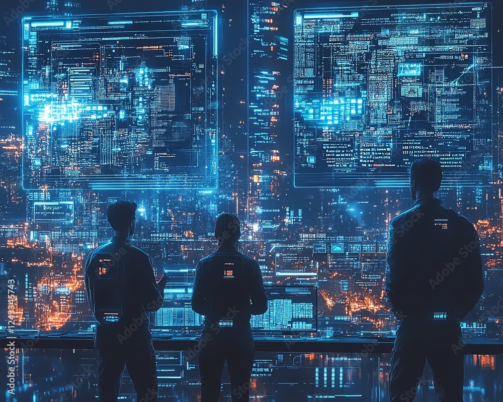 Leinwandbilder A team of system engineers working in a smart city, advanced AI interfaces and digital systems projected in the air, futuristic urban environment, hyperdetailed, 16K