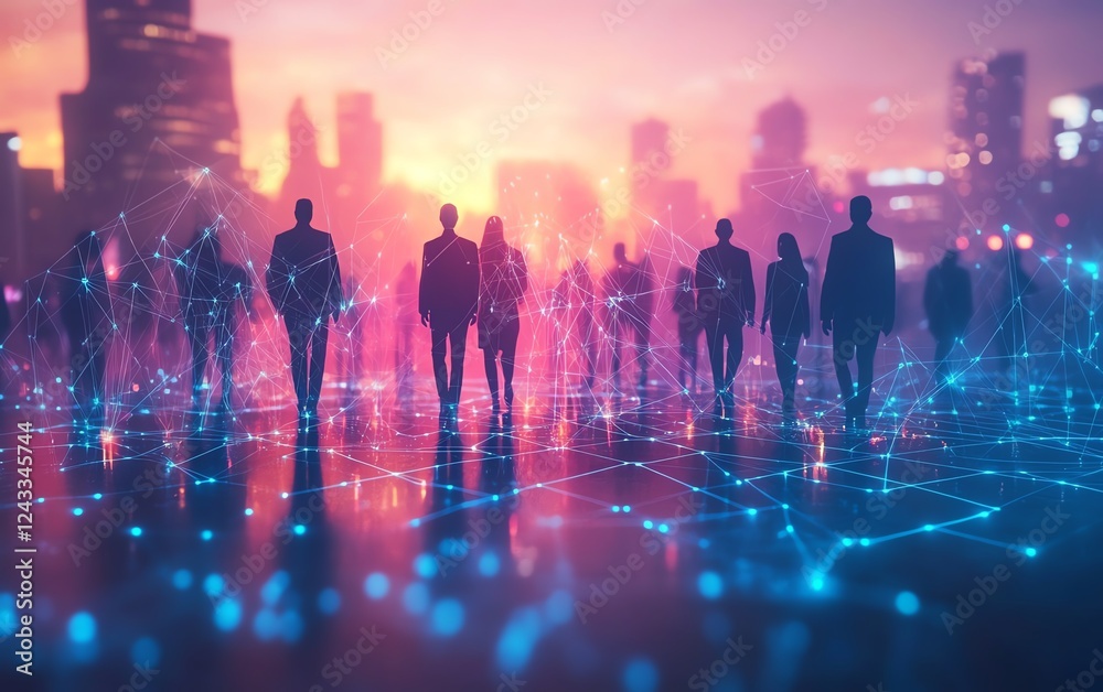 Poster Business network concept with professionals from different industries working together on a digital platform