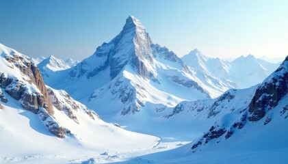 Obraz premium Frosty peaks rise high amidst snow-covered slopes, frozen terrain, peaks