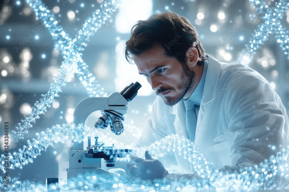 Aufkleber scientist meticulously examines dna sample under a microscope in a modern laboratory, pursuing break