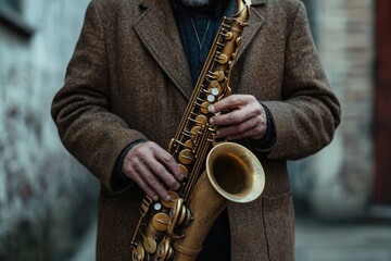 A man in a brown coat plays a golden saxophone outdoors.  He holds it gently, lost in the music.