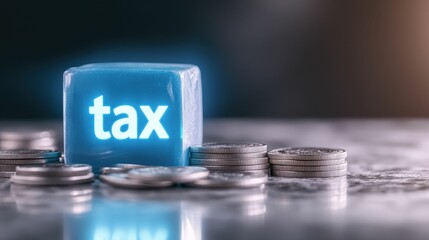A blue block with the word "tax" is centered among stacks of coins, symbolizing financial obligations and money management.