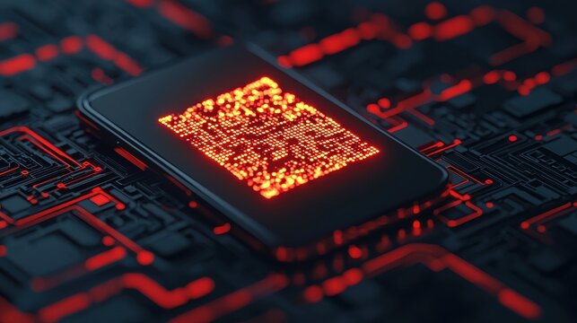 A glowing QR code on a circuit board background, showcasing a blend of technology and digital design in vibrant red hues.