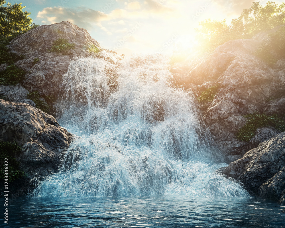 Poster Waterfall cascading over rocky terrain with sunlight illuminating the scene, creating a serene and tranquil atmosphere, representing nature's beauty and peaceful landscapes.