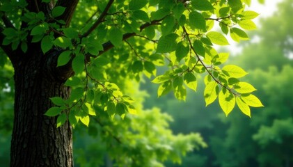 Green leaves rustling in the wind on a large tree, green, forest