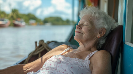 senior woman enjoys the warmth of the sun, sitting peacefully with her eyes closed embracing relaxation and wellness.  AI generative