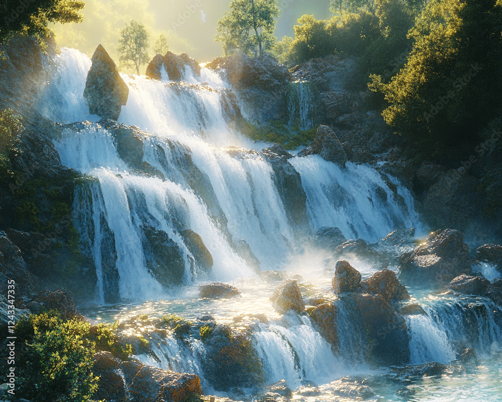 Poster a beautiful waterfall cascading over rocks, creating mist and sparkling water in the sunlight, surro
