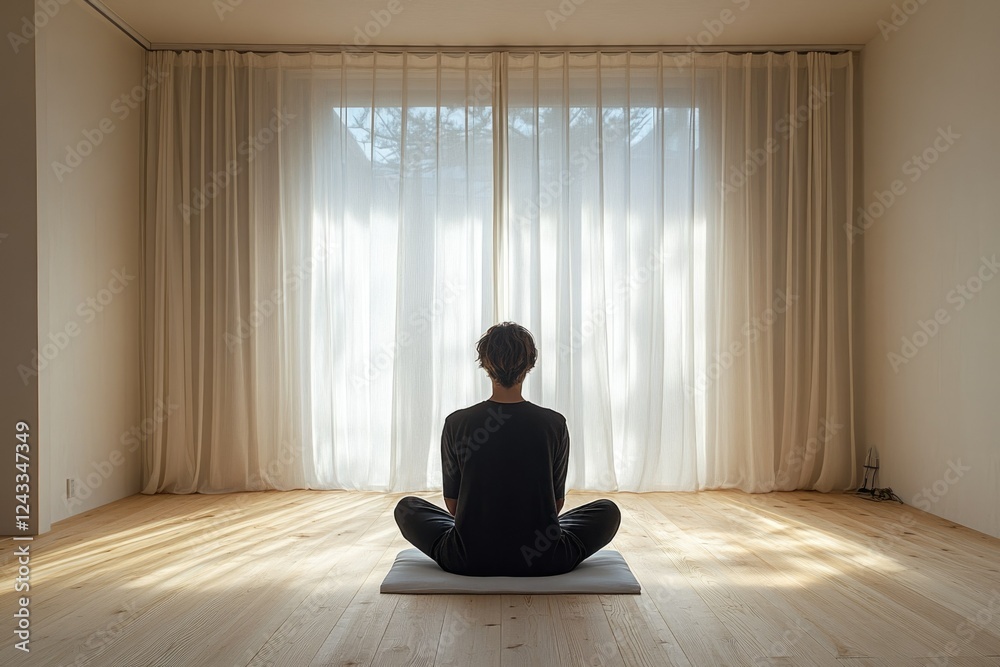 Poster a person sits in lotus position on a mat in front of sheer curtains, sunlight streaming in.