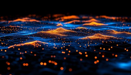 Abstract Data Landscape Glowing Orange Peaks on a Wavy Blue Surface, Technological Background