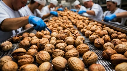 Workers in Blue Gloves Process Walnuts on a Conveyor Belt in a Food Processing Factory
