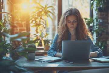 Fototapeta premium A woman sitting at a table working on a laptop with a coffee cup and notebook beside her in a modern indoor setting