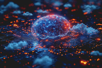 Fototapeta premium Sphere centered in a circuit with cloud and red light illuminating the surrounding area