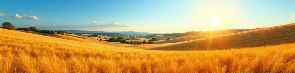Fototapeta premium Rolling hills of golden wheat under clear blue sky, sunlit, trees, autumn