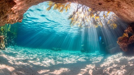 Sunlight beams penetrate the clear blue water, illuminating the sandy ocean floor and coral formations.