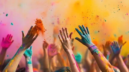 Hands of a crowd of people at the Holi festival throw colorful powders into the air
