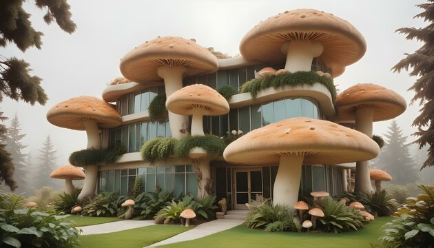 Fant&aacute;stico y lujoso edificio de oficinas en forma de seta con un exterior de piel suave y una impresi&oacute;n acogedora que realza la atm&oacute;sfera m&aacute;gica y serena