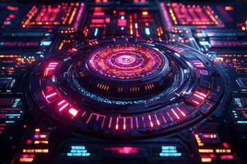 Obraz premium Futuristic digital interface with vibrant neon lights and intricate patterns, showcasing advanced technology and design aesthetics