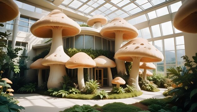 Fant&aacute;stico y lujoso edificio de oficinas en forma de seta con un exterior de piel suave y una impresi&oacute;n acogedora que realza la atm&oacute;sfera m&aacute;gica y serena